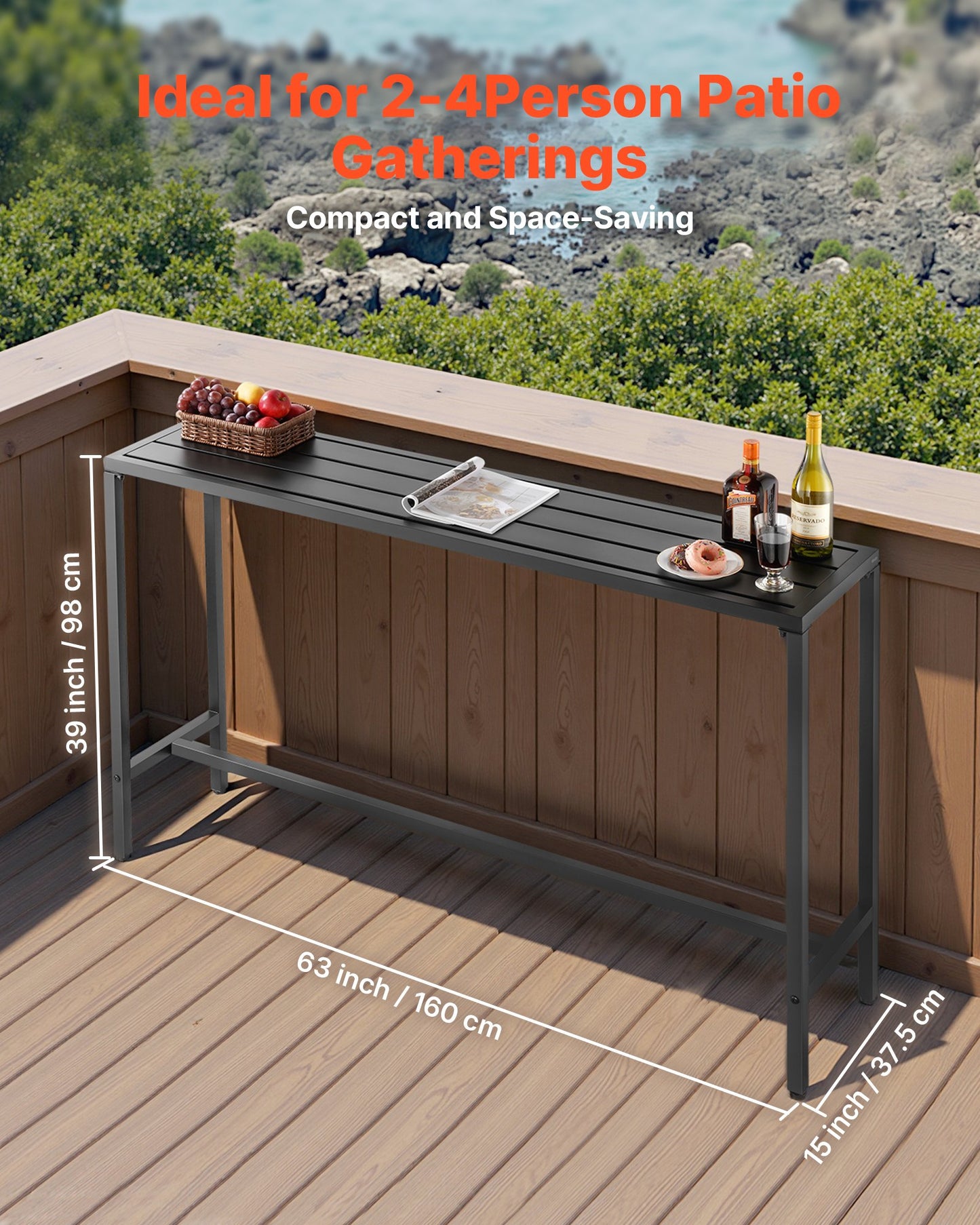 Outdoor Bar Table, 160 x 37.5 cm Patio Bar Table, Waterproof Top & Sturdy Metal Frame, Rectangle Counter Height Dining Tables, Outdoor Furniture for Balcony, Yard, Hot Tub, Poolside, Indoor