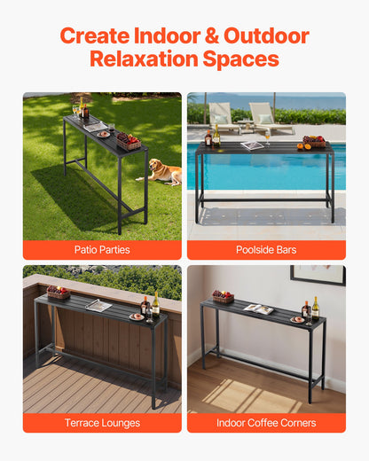 Outdoor Bar Table, 160 x 37.5 cm Patio Bar Table, Waterproof Top & Sturdy Metal Frame, Rectangle Counter Height Dining Tables, Outdoor Furniture for Balcony, Yard, Hot Tub, Poolside, Indoor