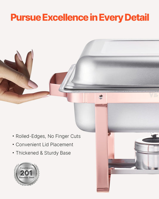 Chafing Dish Buffet Set, 8 Qt 2 Pack, Stainless Steel Chafer with 2 Full Size Pans, Rectangle Catering Warmer Server with Lid Water Pan Stand Fuel Holder, for Wedding Party Banquet, Rose Gold