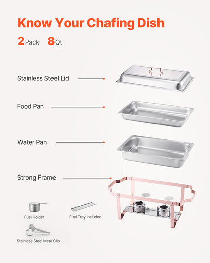 Chafing Dish Buffet Set, 8 Qt 2 Pack, Stainless Steel Chafer with 2 Full Size Pans, Rectangle Catering Warmer Server with Lid Water Pan Stand Fuel Holder, for Wedding Party Banquet, Rose Gold