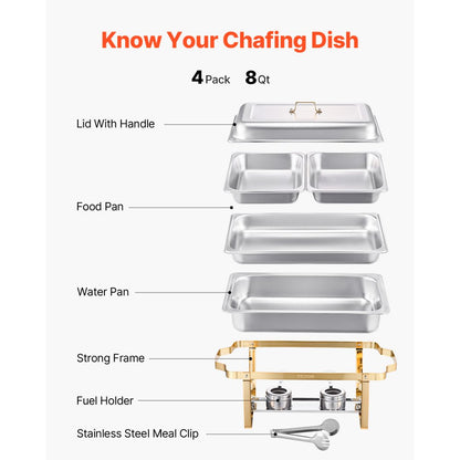 VEVOR 8 Qt 4 Pack Rectangle Chafing Dish Buffet Set Full-Size & Half-Size Pans