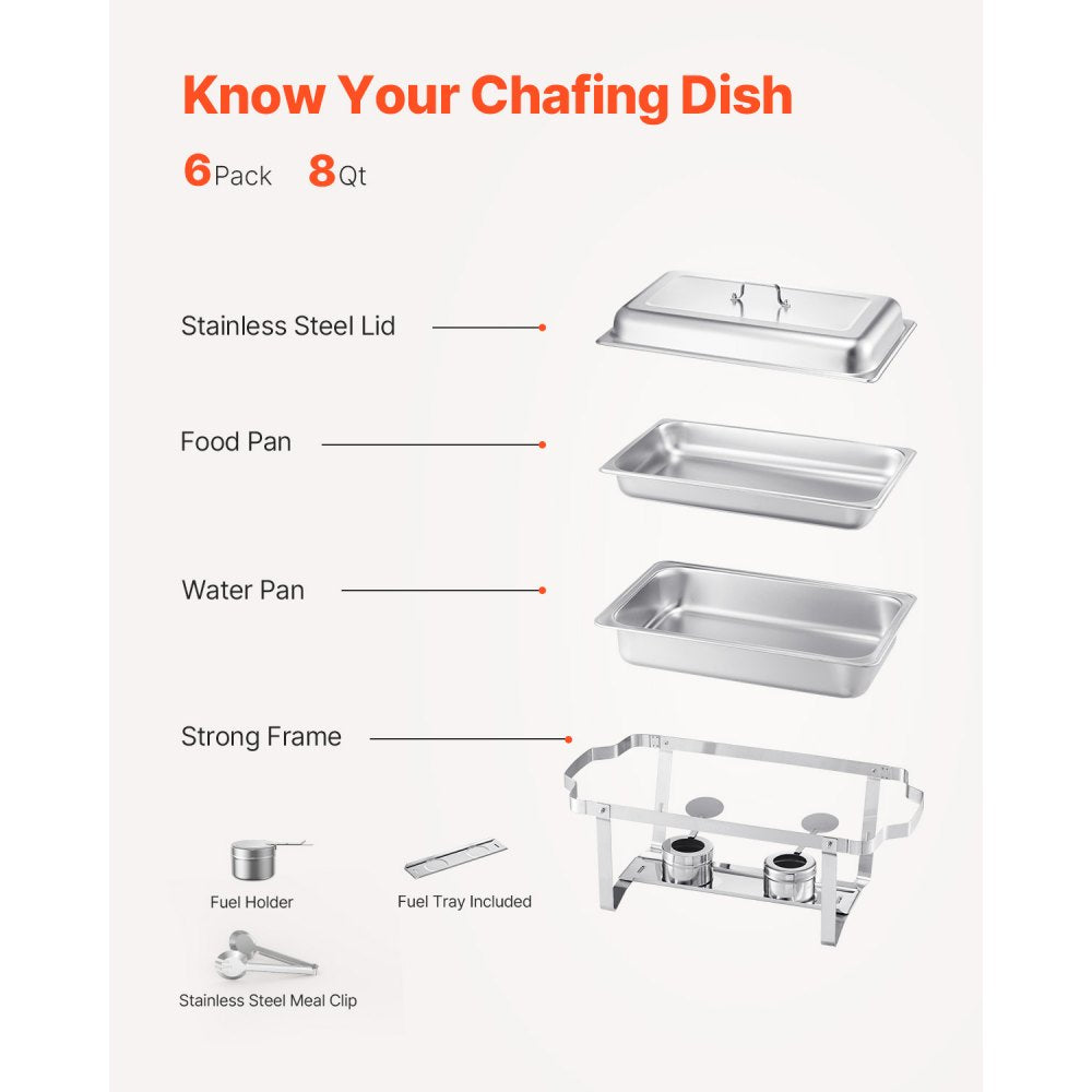 VEVOR 8 Qt 6 Pack Rectangle Chafing Dish Buffet Set Fullsize Pan Stainless Steel