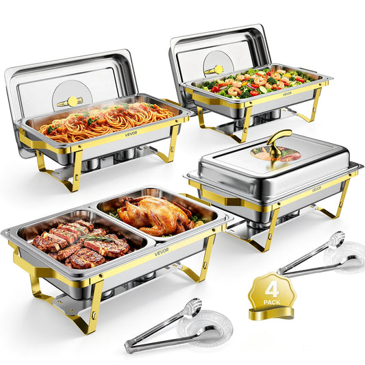 4 Packs Chafing Dishes for Buffet Set, 8.5L Stainless Steel Chafer, for Banquet Party Wedding, Rectangle Buffet Server Warmer, 2 Full & 4 Half-Size Pans, Glass Lid, Fuel Holder, Tong, Glass Pad