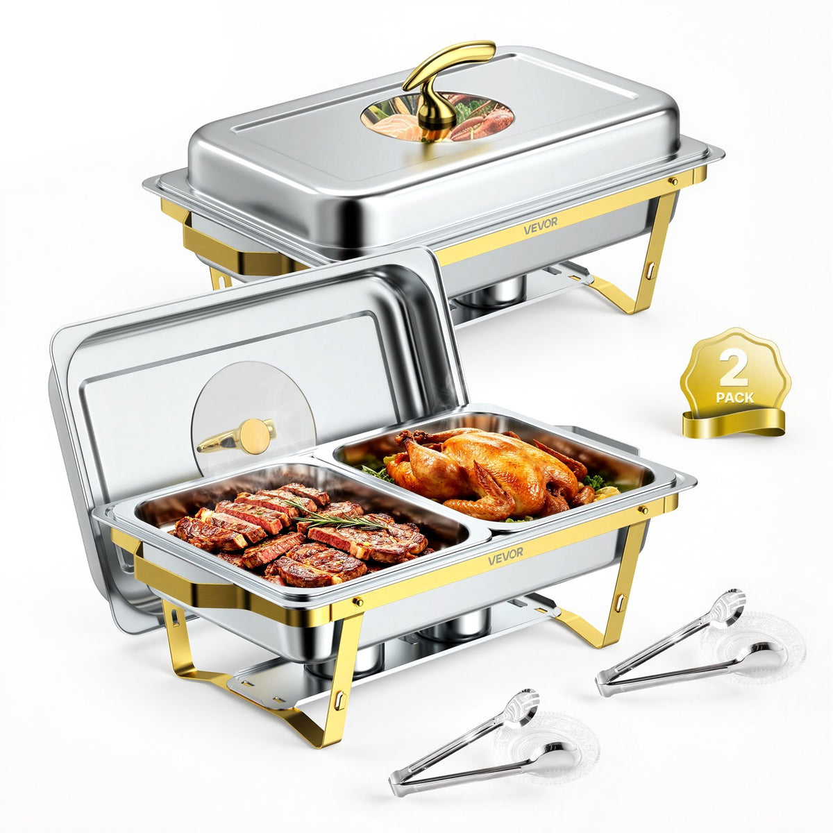2 Packs Chafing Dishes for Buffet Set, 8.5L Stainless Steel Chafer, for Banquet Party Wedding, Rectangle Buffet Server Warmer, 1 Full & 2 Half-Size Pans, Glass Lid, Fuel Holder, Tong, Glass Pad