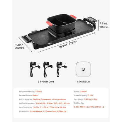 VEVOR Hot Pot with Grill 2300W 2-in-1 Electric Smokeless BBQ with Removable Pot