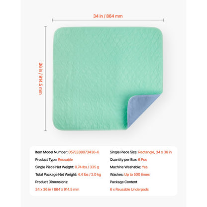 VEVOR Washable Underpads 864x914.5 Incontinence Bed Pad 6-Pack Bedwetting Pad