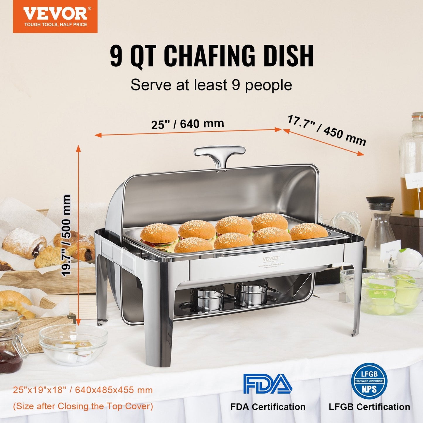 Stainless Steel 7.5L Roll Top Chafing Dish Set with Fuel Holder for 8+ People