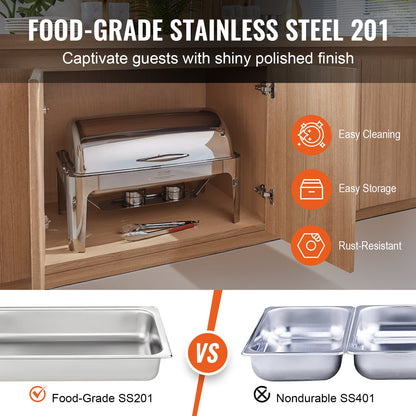 VEVOR Roll Top Chafing Dish Buffet Complete Set, 7.5L Stainless Steel Chafer with