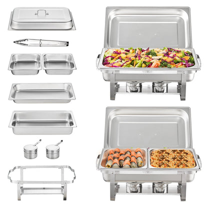 2-Pack Rectangle Chafing Dish Set with Full and Half-Size Pans, Stainless Steel