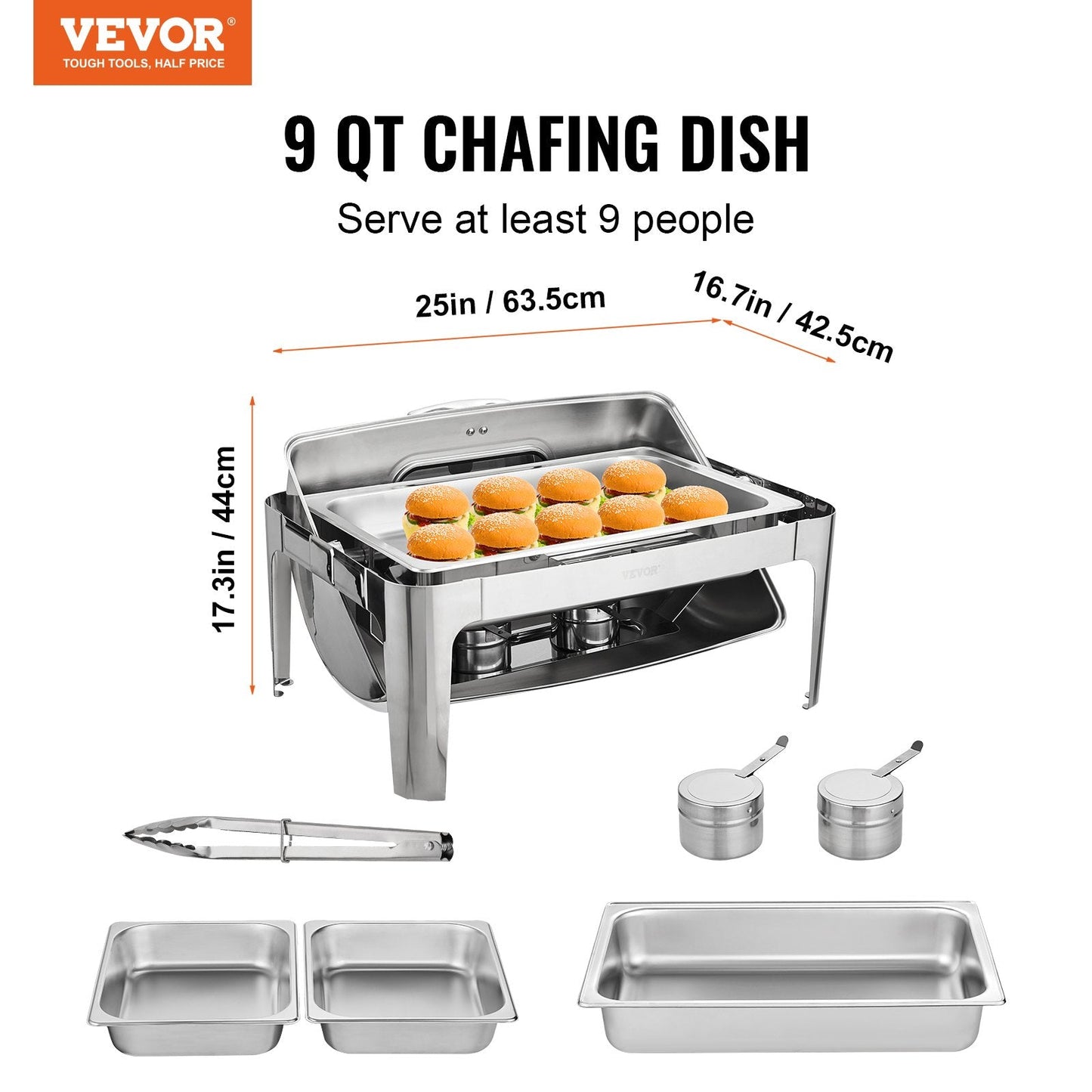 Stainless Steel Roll Top Chafing Dish with Glass Lid & Fuel Holder, 9 Qt Capacity
