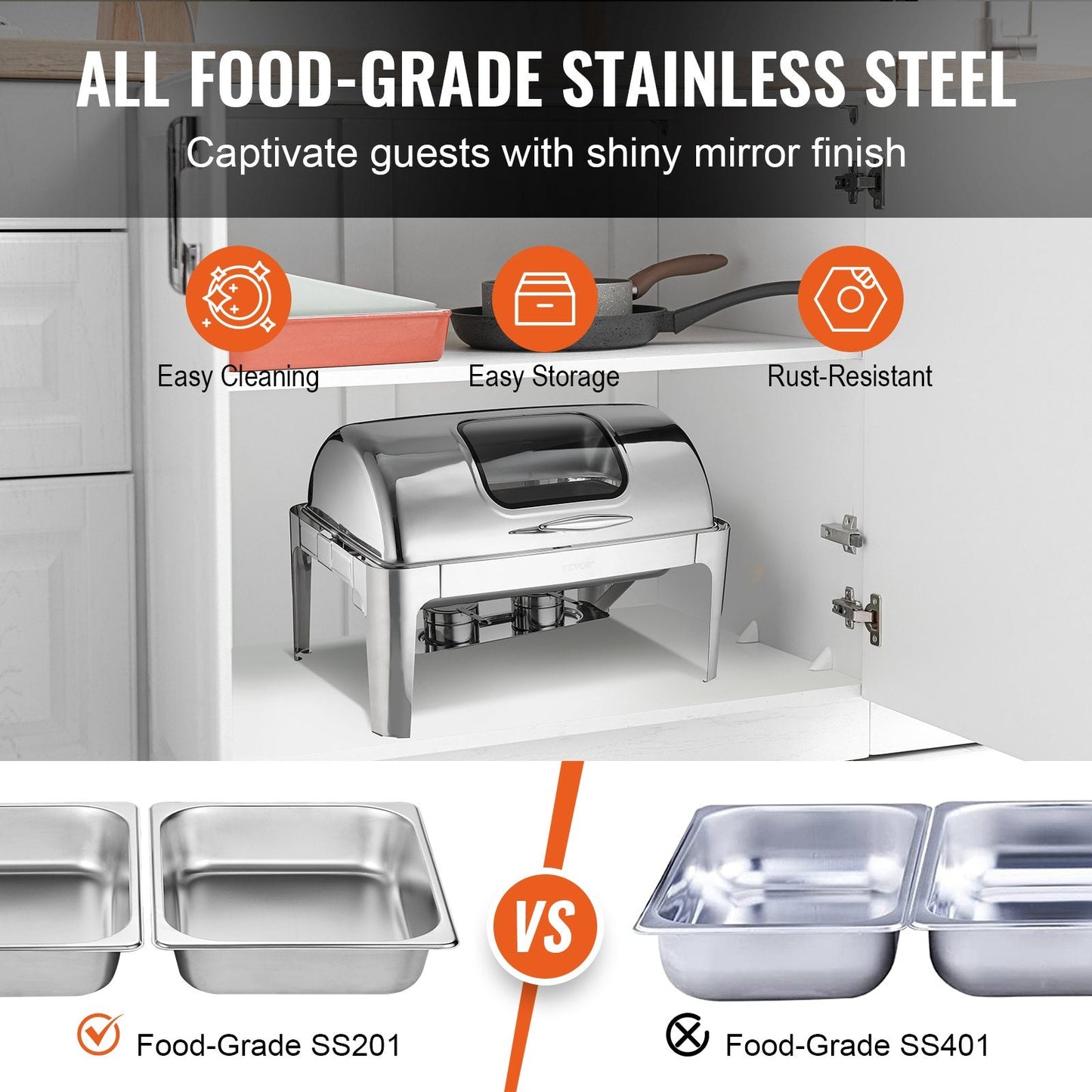 Stainless Steel Roll Top Chafing Dish with Glass Lid & Fuel Holder, 9 Qt Capacity