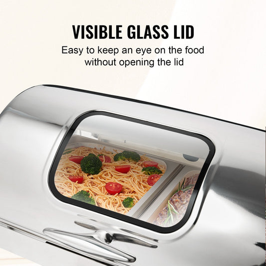 Stainless Steel Roll Top Chafing Dish with Glass Lid & Fuel Holder, 9 Qt Capacity