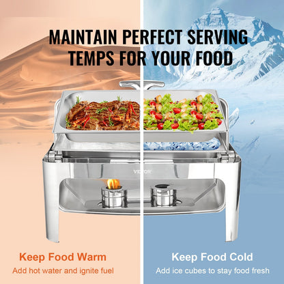 Stainless Steel Roll Top Chafing Dish with Glass Lid & Fuel Holder, 9 Qt Capacity