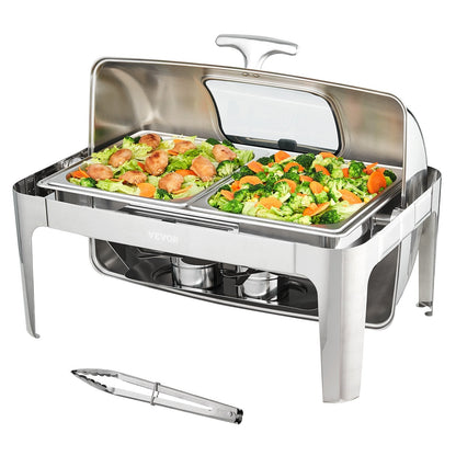 Stainless Steel Roll Top Chafing Dish with Glass Lid & Fuel Holder, 9 Qt Capacity