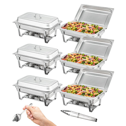 6-Pack Rectangle Chafing Dish Set with 8 Qt Pans and Fuel Holders, Stainless Steel