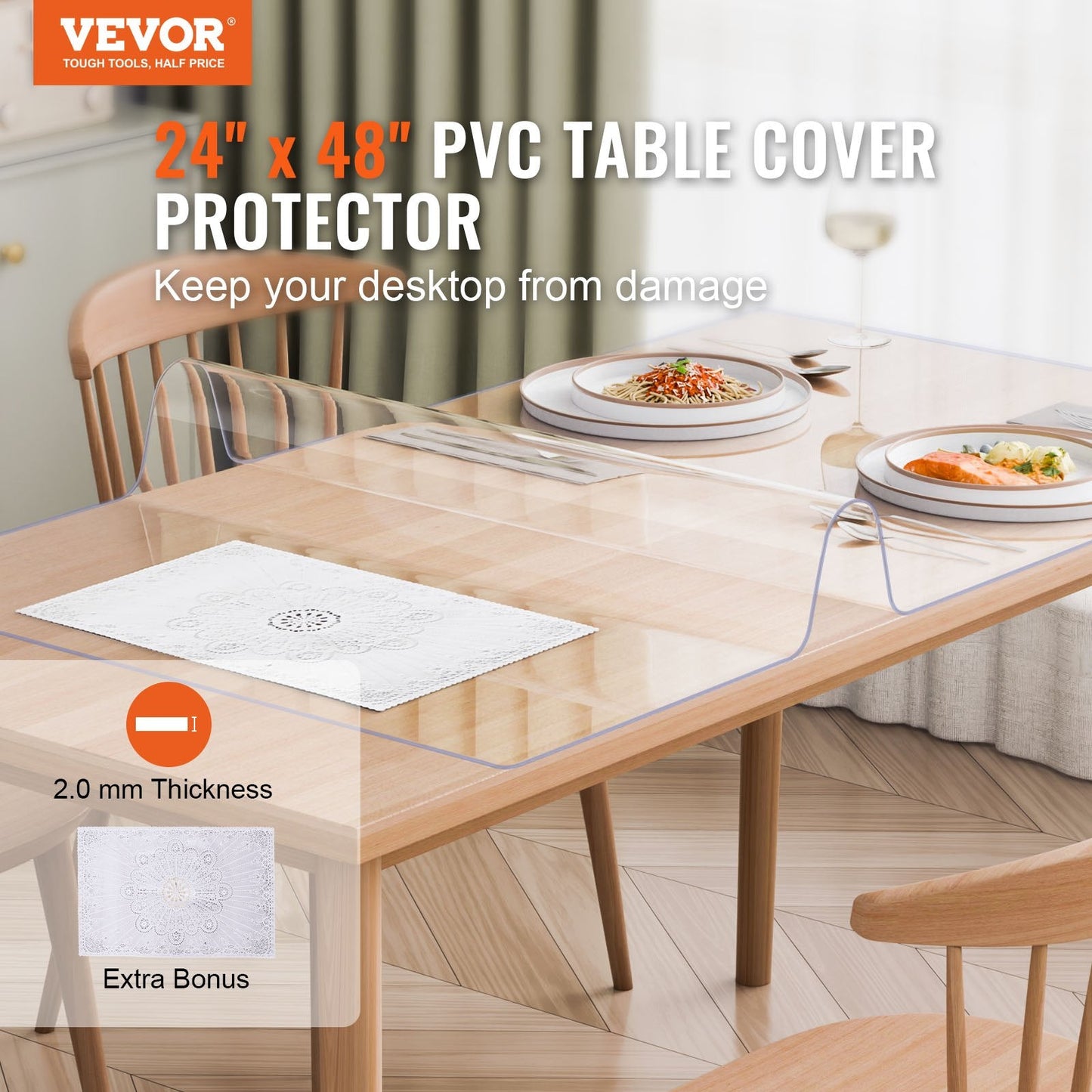 Clear PVC Table Protector, 0.6x1.2m, 2mm Thick, 1.9kg, Cut-to-Fit Design
