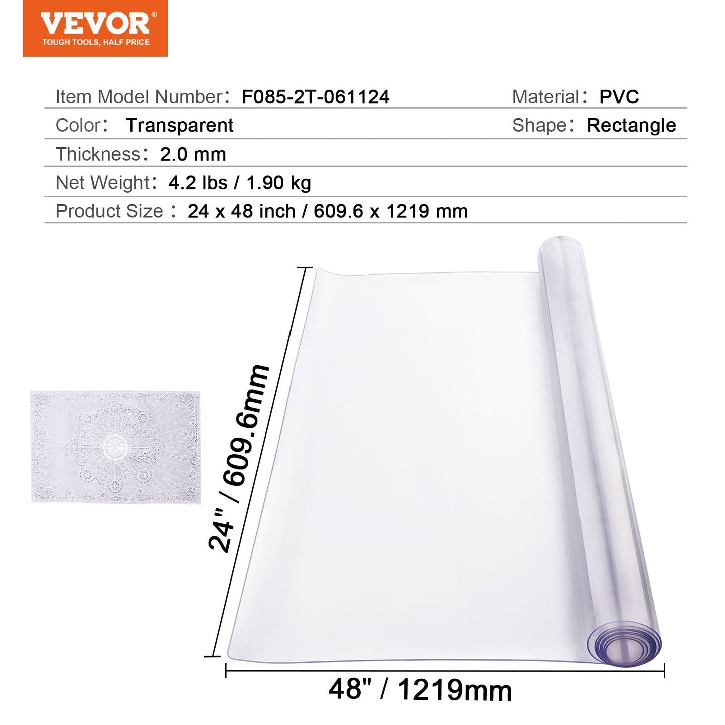 Clear PVC Table Protector, 0.6x1.2m, 2mm Thick, 1.9kg, Cut-to-Fit Design