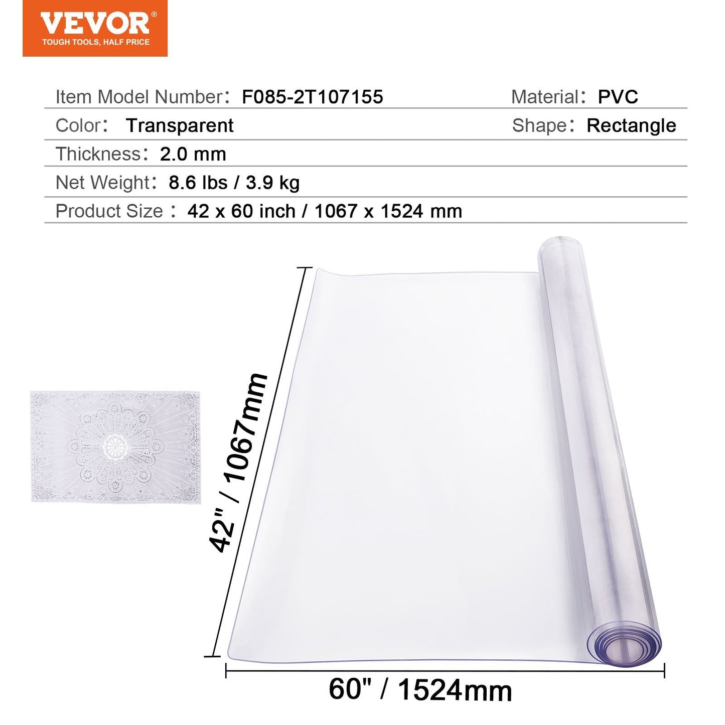 Clear PVC Table Protector, 1.07x1.52m, 2.0mm Thick, Transparent Desk Cover