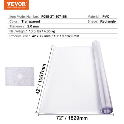 Clear PVC Table Protector, 1.07x1.83m, 2mm Thick, Rectangle, 4.65kg
