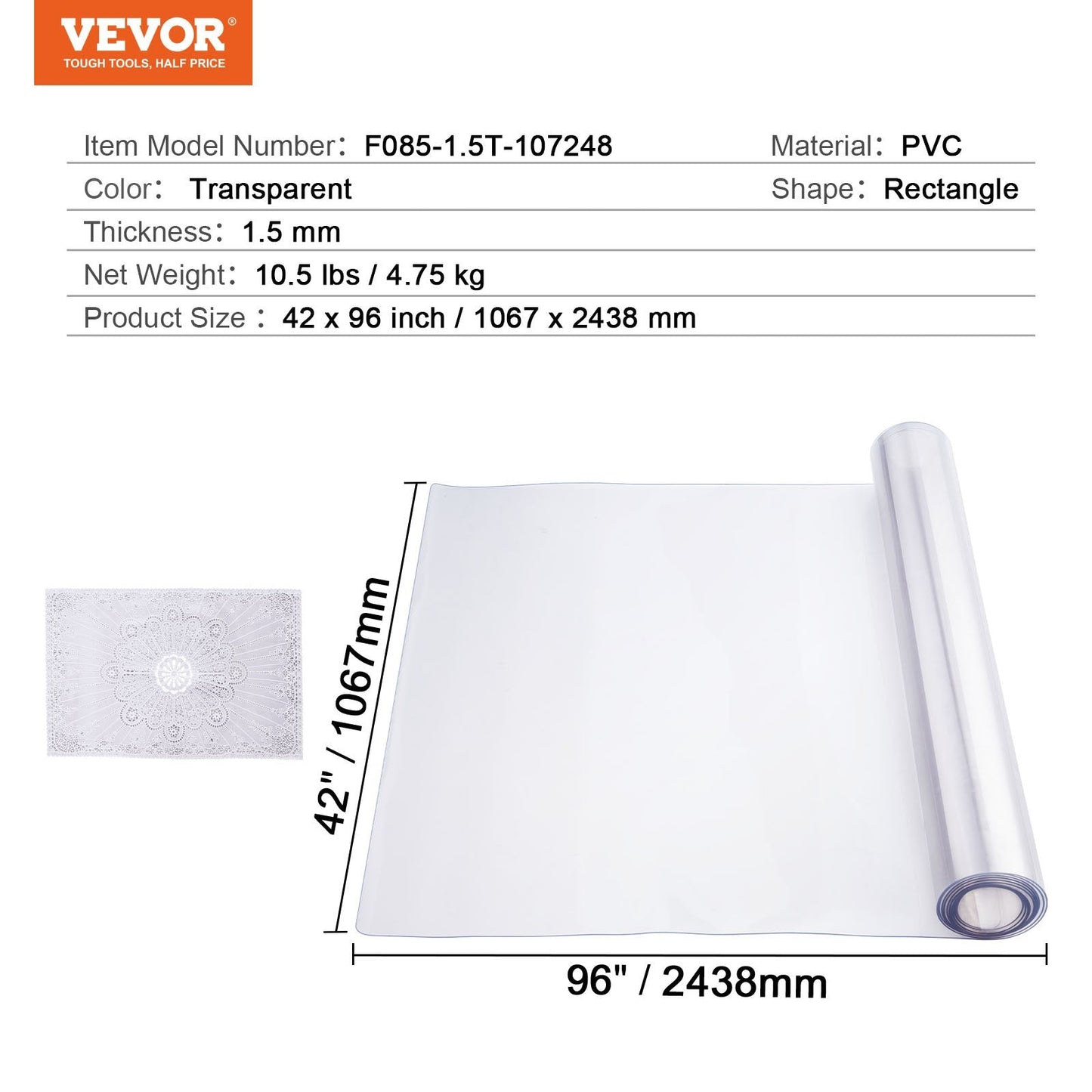 Clear PVC Table Protector, 1.07x2.44m, 1.5mm Thick, Customizable Fit