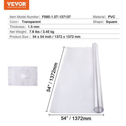 Clear PVC Table Protector 1.37x1.37m, 1.5mm Thick, Transparent Square Cover