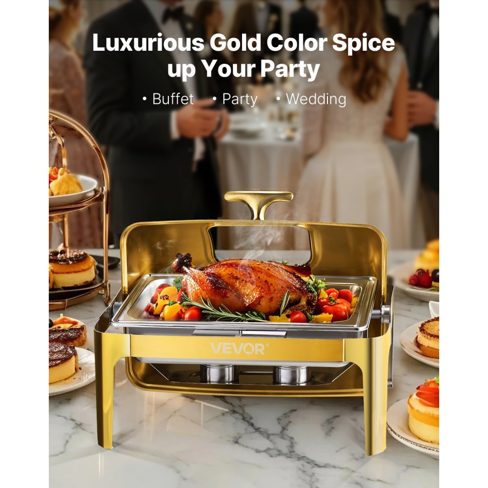 VEVOR 9Qt Rectangle Roll Top Chafing Dish Set with Full-Size Pan Stainless Steel