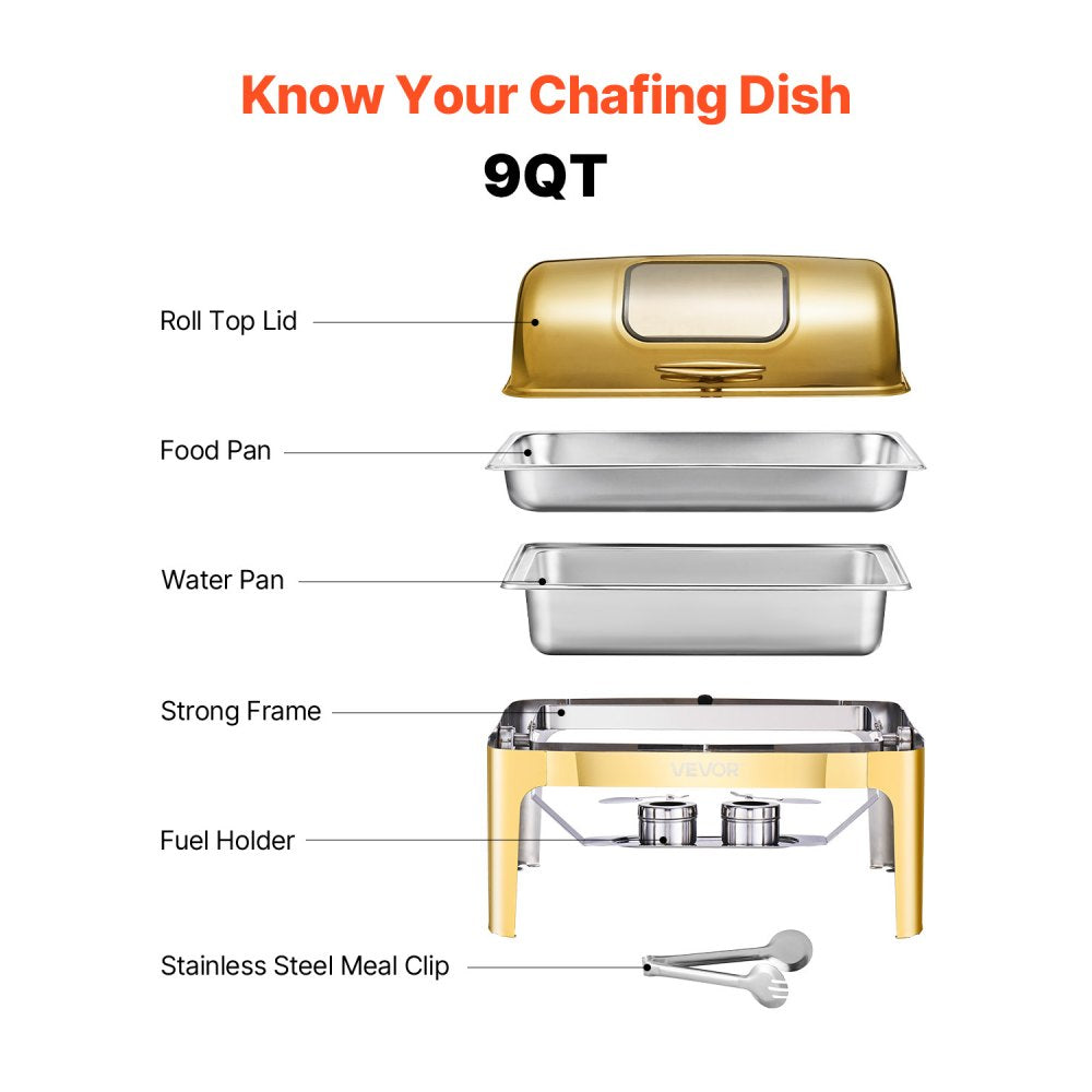 VEVOR 9Qt Rectangle Roll Top Chafing Dish Set with Full-Size Pan Stainless Steel