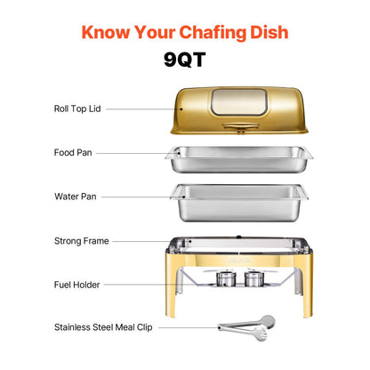 VEVOR 9Qt Rectangle Roll Top Chafing Dish Set with Full-Size Pan Stainless Steel