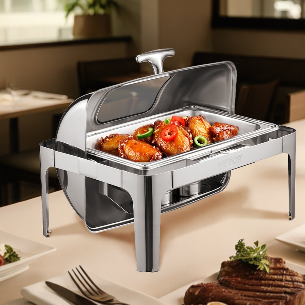 VEVOR 9Qt 1 Pack Rectangle Roll Top Chafing Dish Set with 2 Half Size Pans