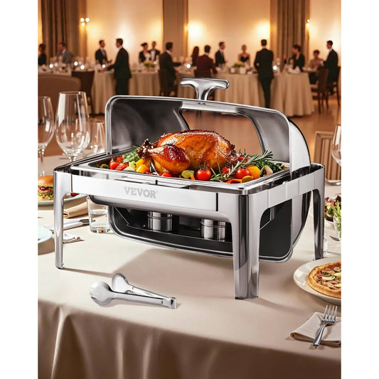 VEVOR 9Qt 1 Pack Rectangle Roll Top Chafing Dish Set with 2 Half Size Pans