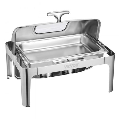 VEVOR 9Qt 1 Pack Rectangle Roll Top Chafing Dish Set with 2 Half Size Pans