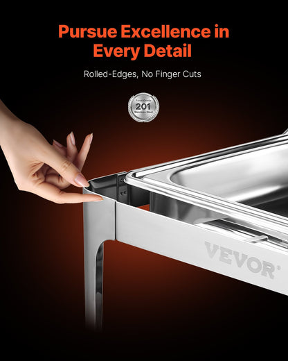 Roll Top Chafing Dish Buffet Complete Set, 9Qt Stainless Steel Chafer with Full Size Pan, Rectangle Catering Warmer Server with Lid Water Pan Folding Stand Fuel Holder Meal Clip, Silver