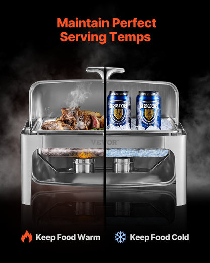 Roll Top Chafing Dish Buffet Complete Set, 9Qt Stainless Steel Chafer with Full Size Pan, Rectangle Catering Warmer Server with Lid Water Pan Folding Stand Fuel Holder Meal Clip, Silver