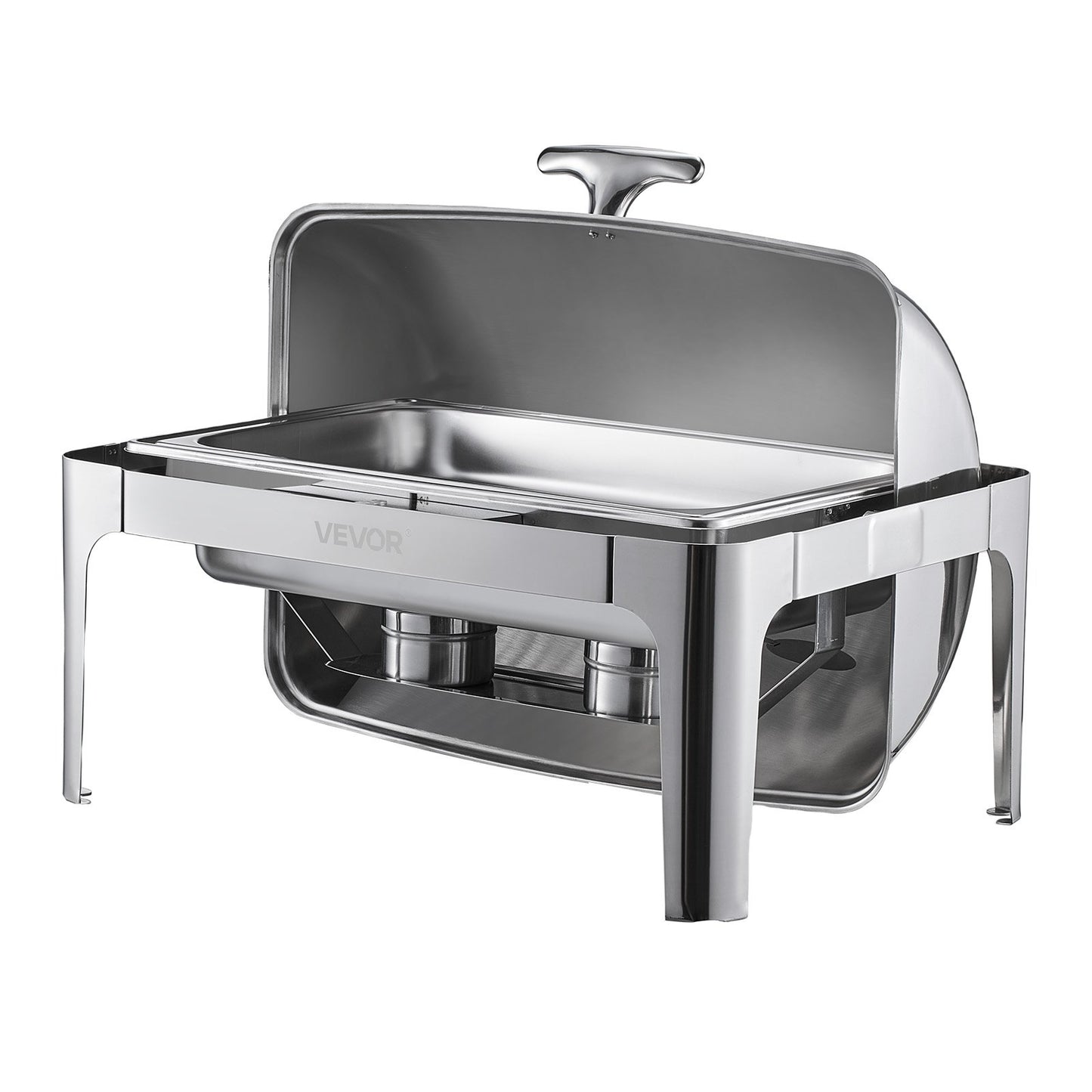 Roll Top Chafing Dish Buffet Complete Set, 9Qt Stainless Steel Chafer with Full Size Pan, Rectangle Catering Warmer Server with Lid Water Pan Folding Stand Fuel Holder Meal Clip, Silver