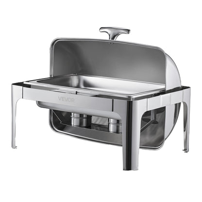 Roll Top Chafing Dish Buffet Complete Set, 9Qt Stainless Steel Chafer with Full Size Pan, Rectangle Catering Warmer Server with Lid Water Pan Folding Stand Fuel Holder Meal Clip, Silver