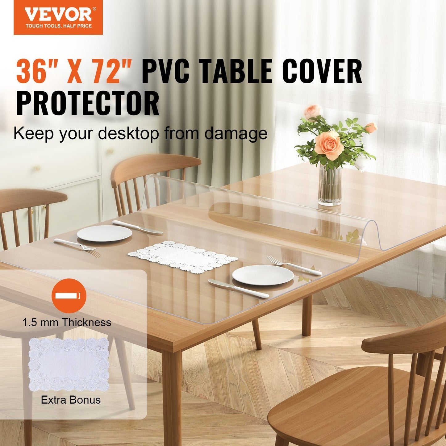 Clear PVC Table Protector, 0.9 x 1.8 m, 1.5 mm Thick, Waterproof and Heat Resistant