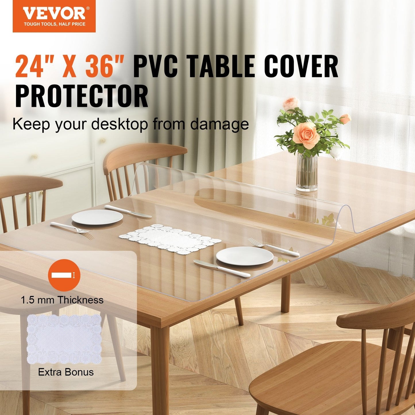 Clear PVC Table Cover, 0.61 x 0.92 m, 1.5 mm Thick, Waterproof and Heat Resistant