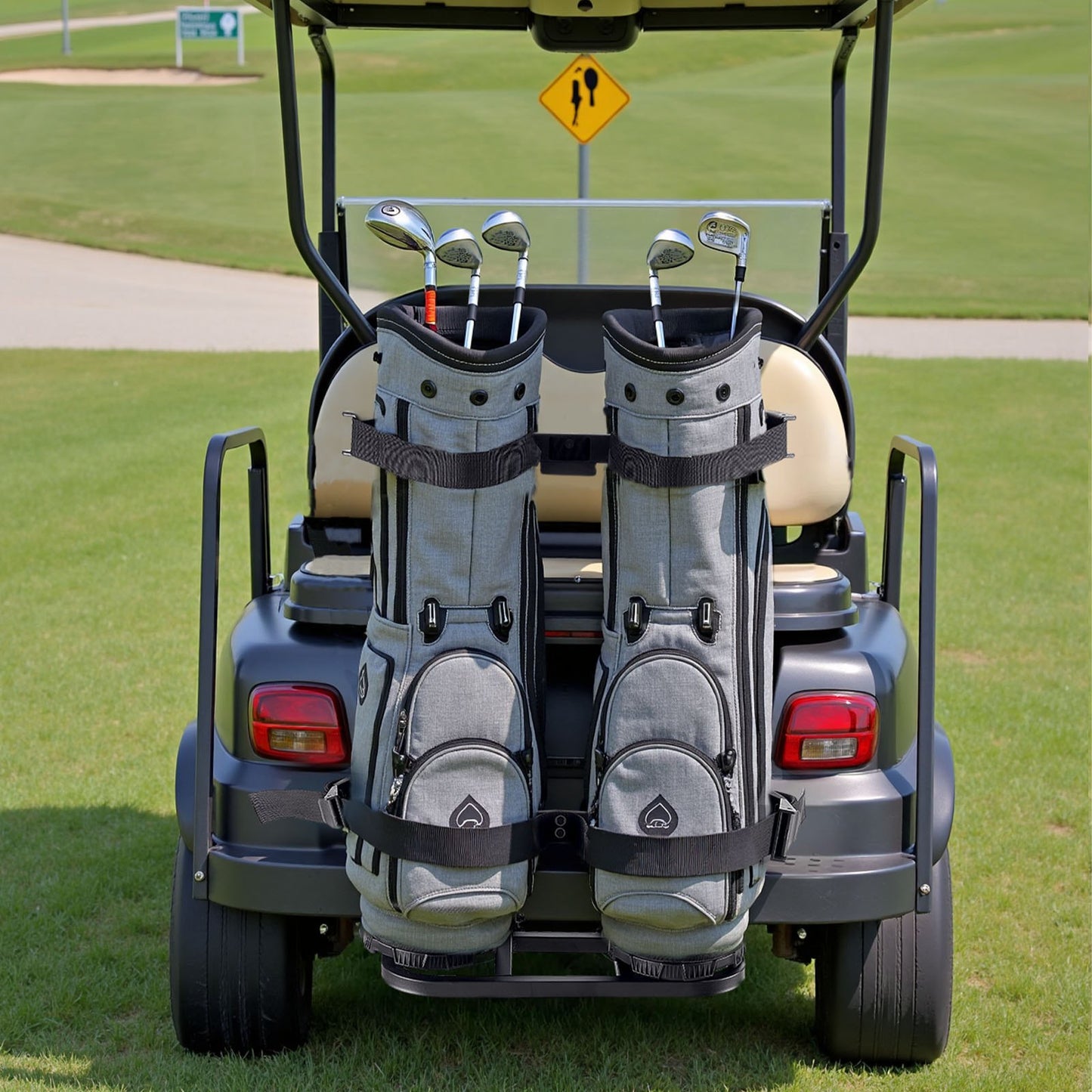Golf Cart Rear Seat Bag Holder, 705 x 410 x 785 mm, Compatible with Most Golf Carts with Rear Seat Grab Bar, Space-Saving Carbon Steel Bag Holder Bracket, No-Drilling Installation, Black