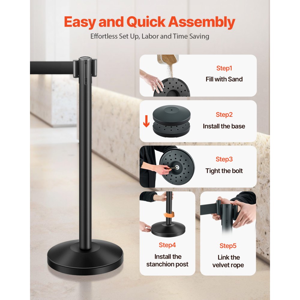 VEVOR 4 Pcs Stanchion Post with 4 Retractable Belts & Sand Injection Hollow Base