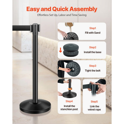 VEVOR 4 Pcs Stanchion Post with 4 Retractable Belts & Sand Injection Hollow Base