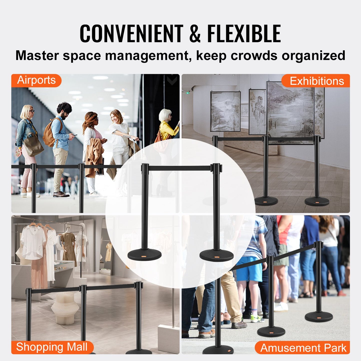 VEVOR Crowd Control Stanchions, 6-Pack Crowd Control Barriers with 3PCS 6.5FT Black