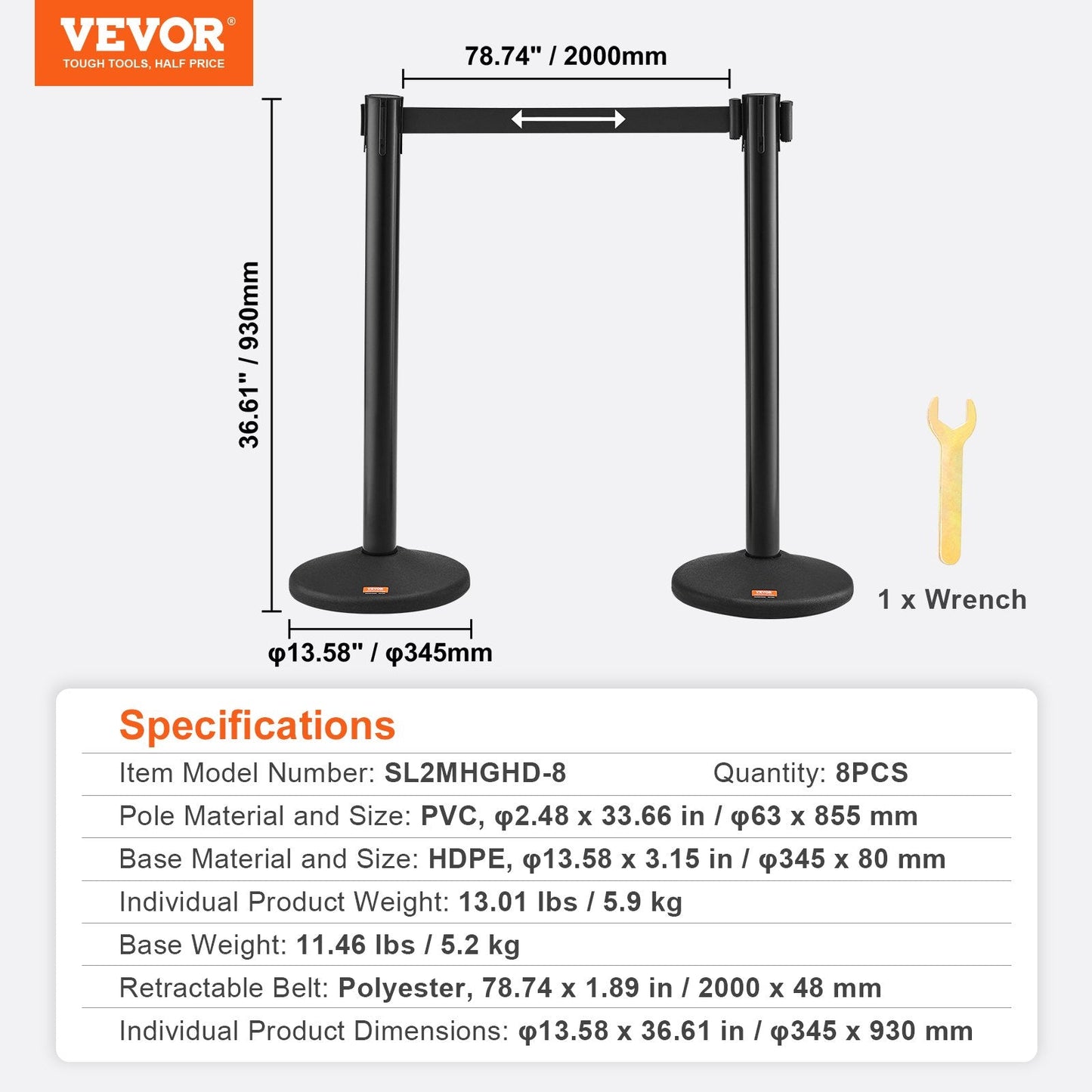 8-Pack Crowd Control Stanchions with 4 Retractable 2m Belts, Concrete Base