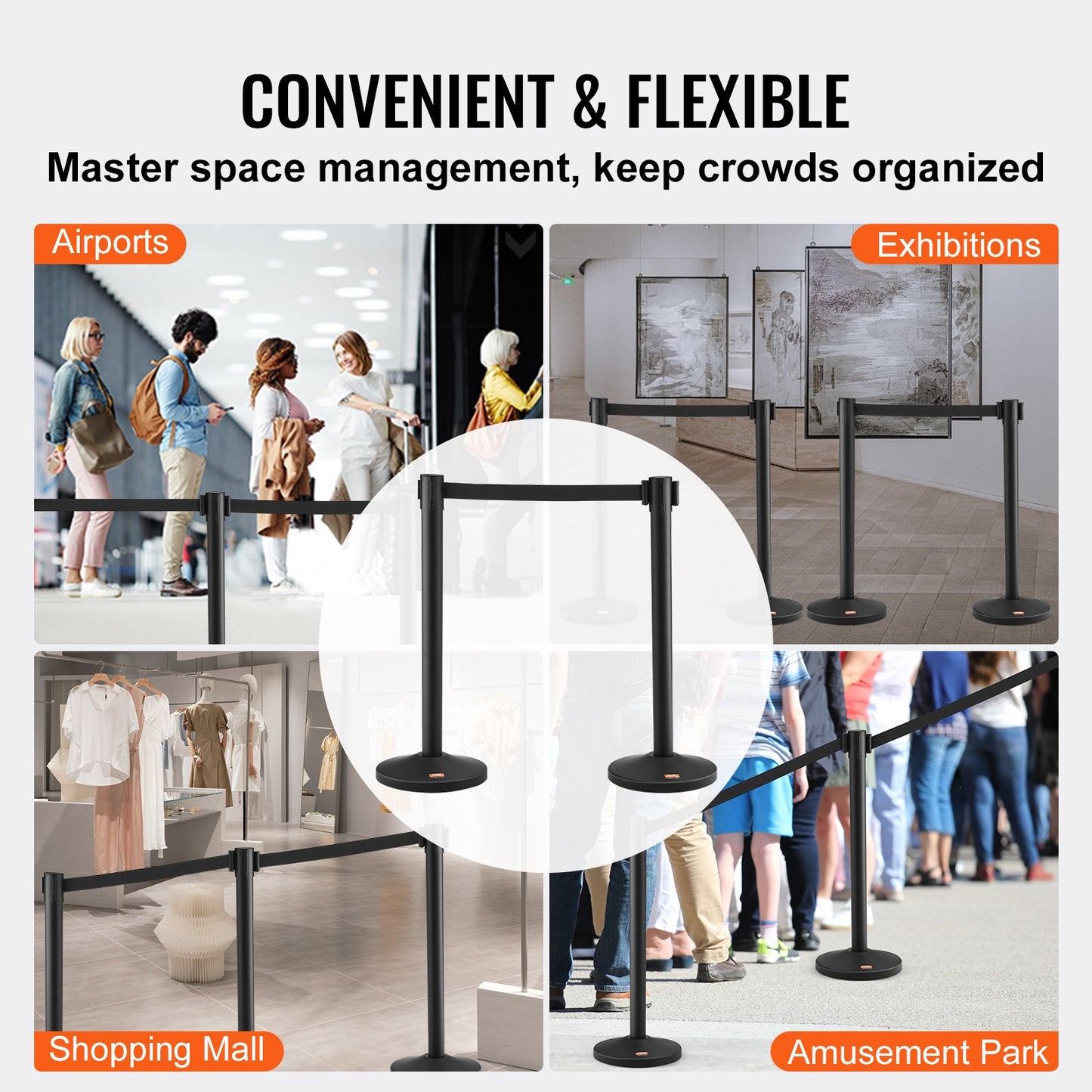 VEVOR Crowd Control Stanchion, 4-Pack Crowd Control Barrier, Carbon Steel Baking
