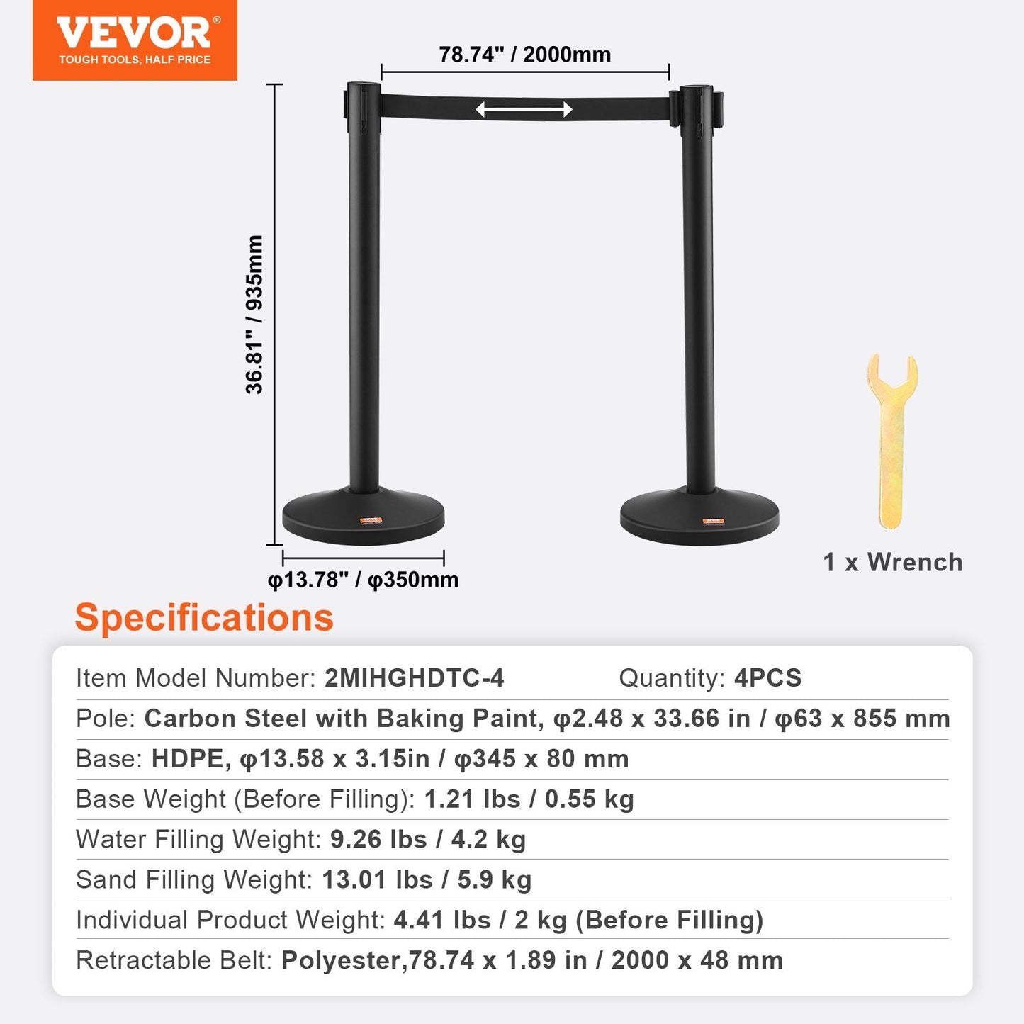 Carbon Steel Queue Stanchions with Retractable Belt, 4-Pack, Fillable Base