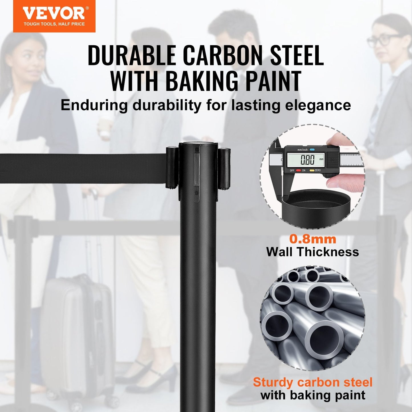 Carbon Steel Queue Stanchions with 3.3m Retractable Belt, 2-Pack, Black