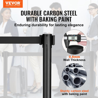 Carbon Steel Queue Stanchions with 3.3m Retractable Belt, 2-Pack, Black