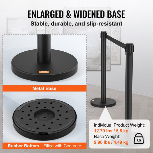2-Pack Carbon Steel Queue Posts with 2m Retractable Belt for Crowd Control