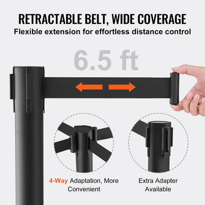 2-Pack Carbon Steel Queue Posts with 2m Retractable Belt for Crowd Control