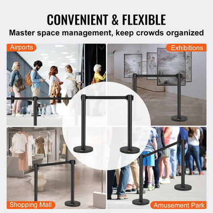 2-Pack Carbon Steel Queue Posts with 2m Retractable Belt for Crowd Control