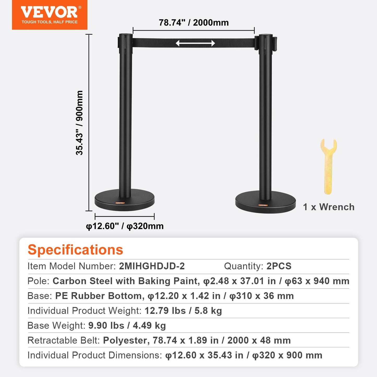 2-Pack Carbon Steel Queue Posts with 2m Retractable Belt for Crowd Control